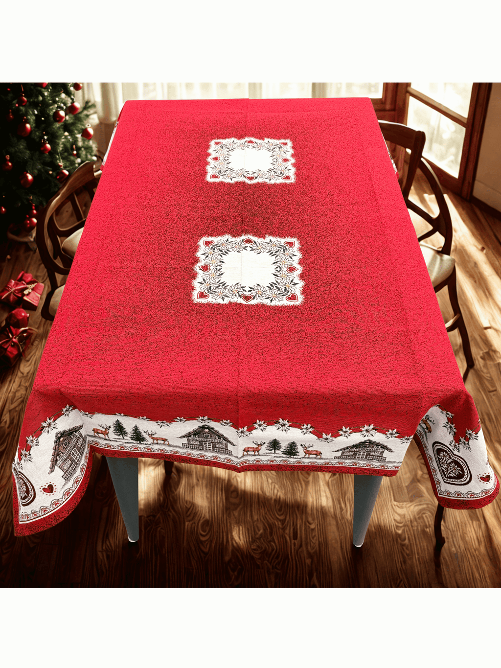 Tovaglia rossa casetta e cervo